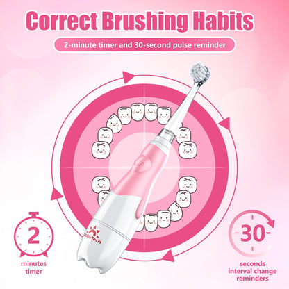 Toddler Electric Toothbrush for Kids 0-3 | LED Light, 2-Minute Timer, 4 Heads - Pink