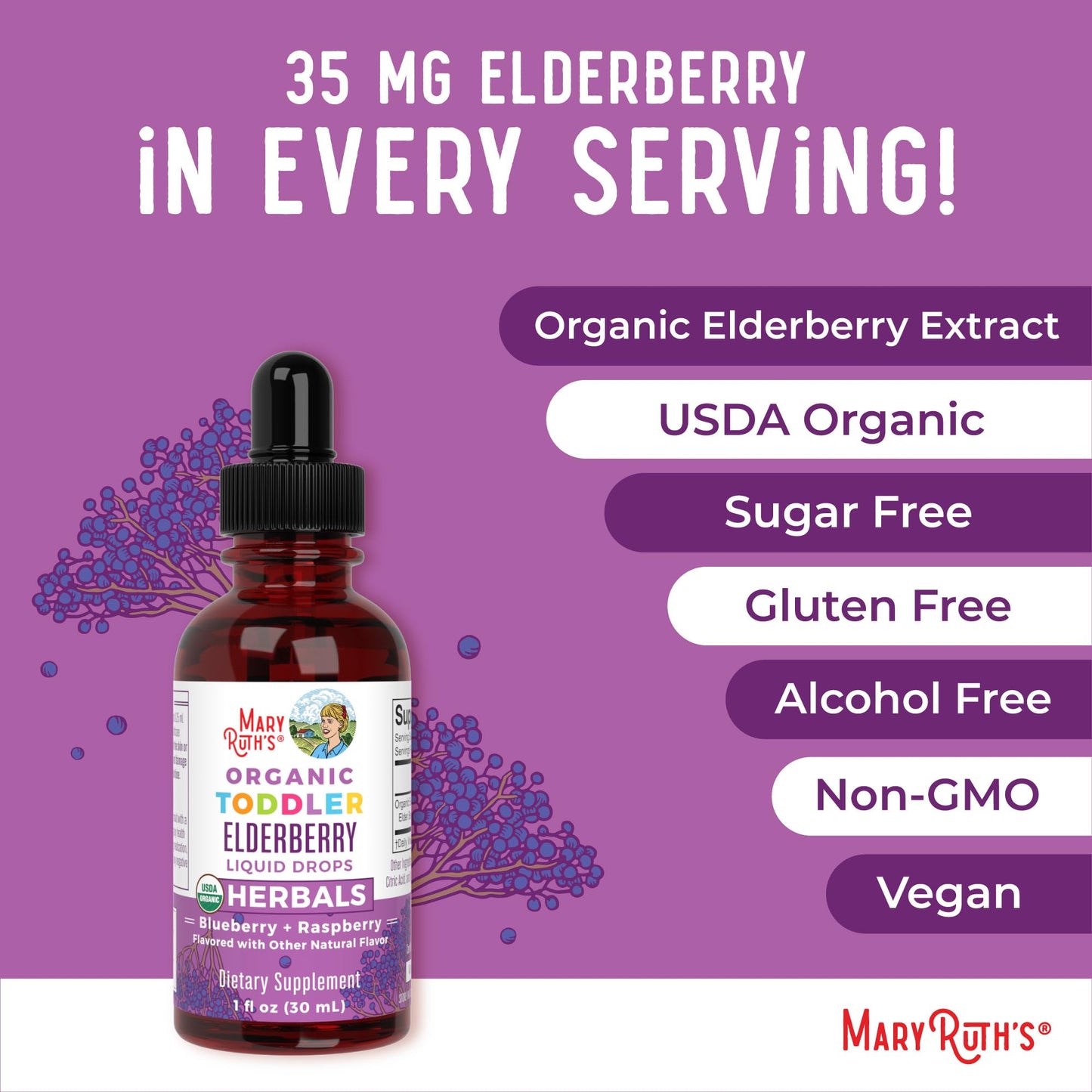 MaryRuth Organics Toddler Elderberry Syrup – USDA Organic, Sugar Free, 1 fl oz