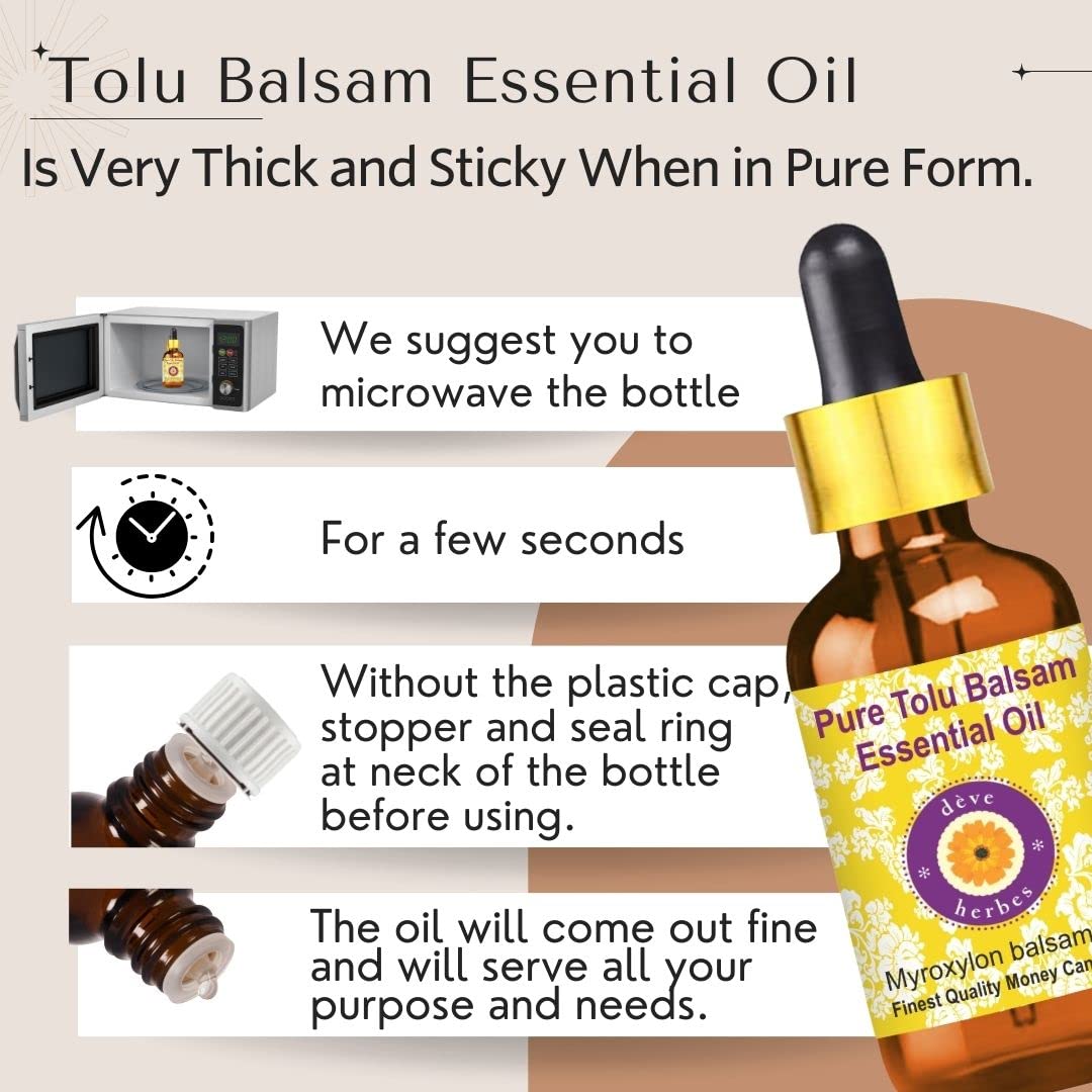 Tolu Balsam Essential Oil (Myroxylon balsamum) – 120ml with Glass Dropper | Pure, Steam Distilled | Deve Herbes