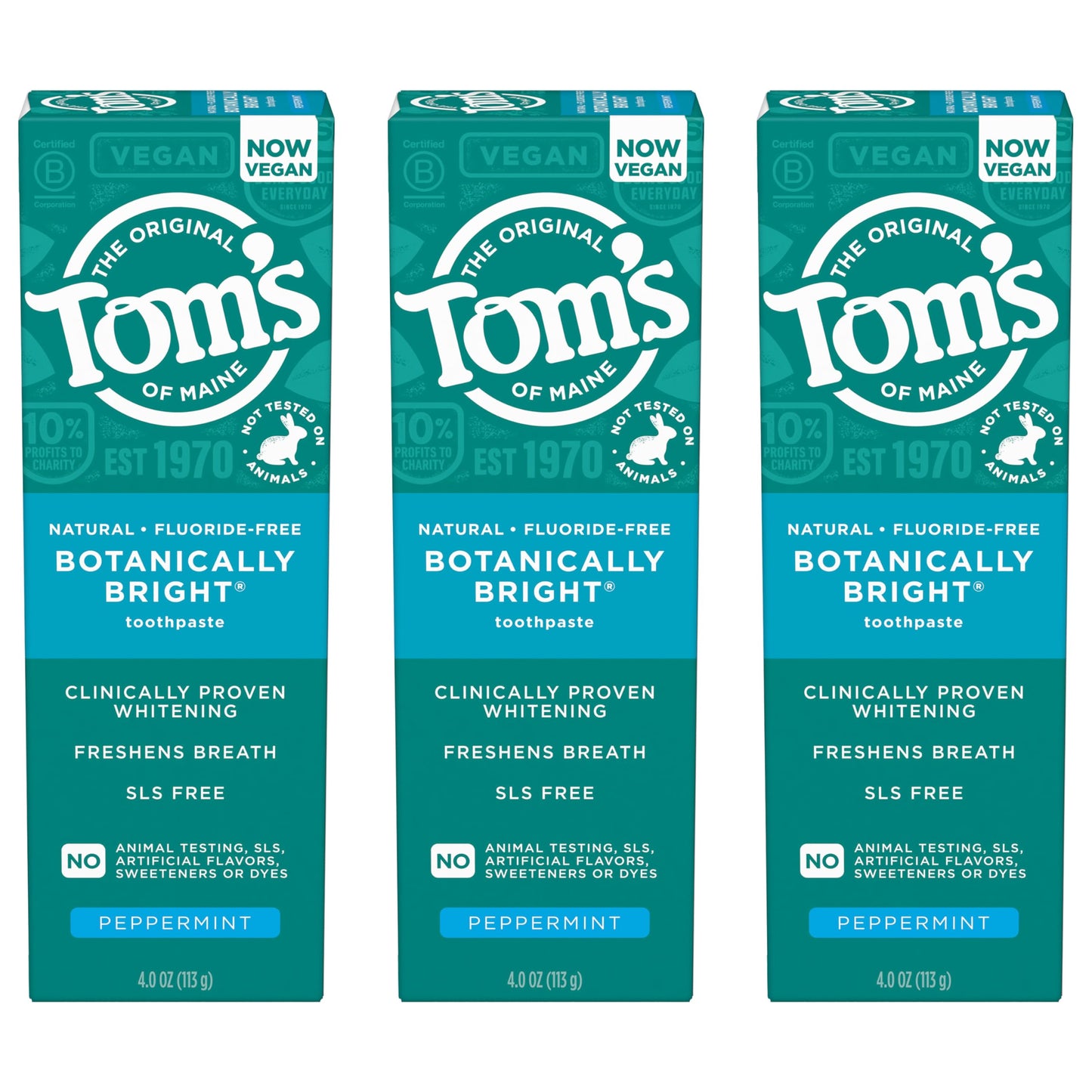Tom’s of Maine Botanically Bright Fluoride Free Toothpaste – 3 Pack (4.0 oz each) – Vegan, SLS Free, Peppermint