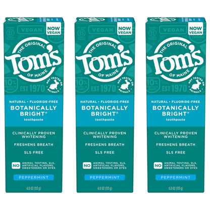 Tom’s of Maine Botanically Bright Fluoride Free Toothpaste – 3 Pack (4.0 oz each) – Vegan, SLS Free, Peppermint
