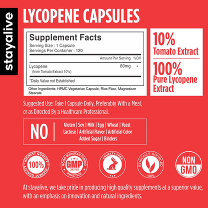 STAY ALIVE Lycopene Supplement for Men 60mg – 120 Veg Capsules | Non-GMO & Gluten Free