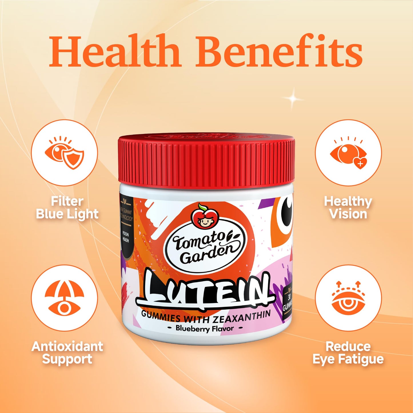 TomatoGarden Lutein Gummies – Vision Support & Blue Light Protection (30 Count)