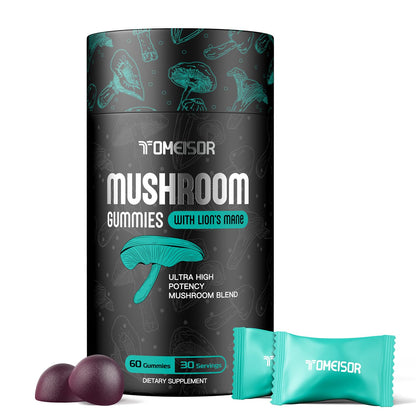 TOMEISOR Mushroom Gummies for Adults – Lions Mane & 10-Mushroom Brain Health | 60 Gummies
