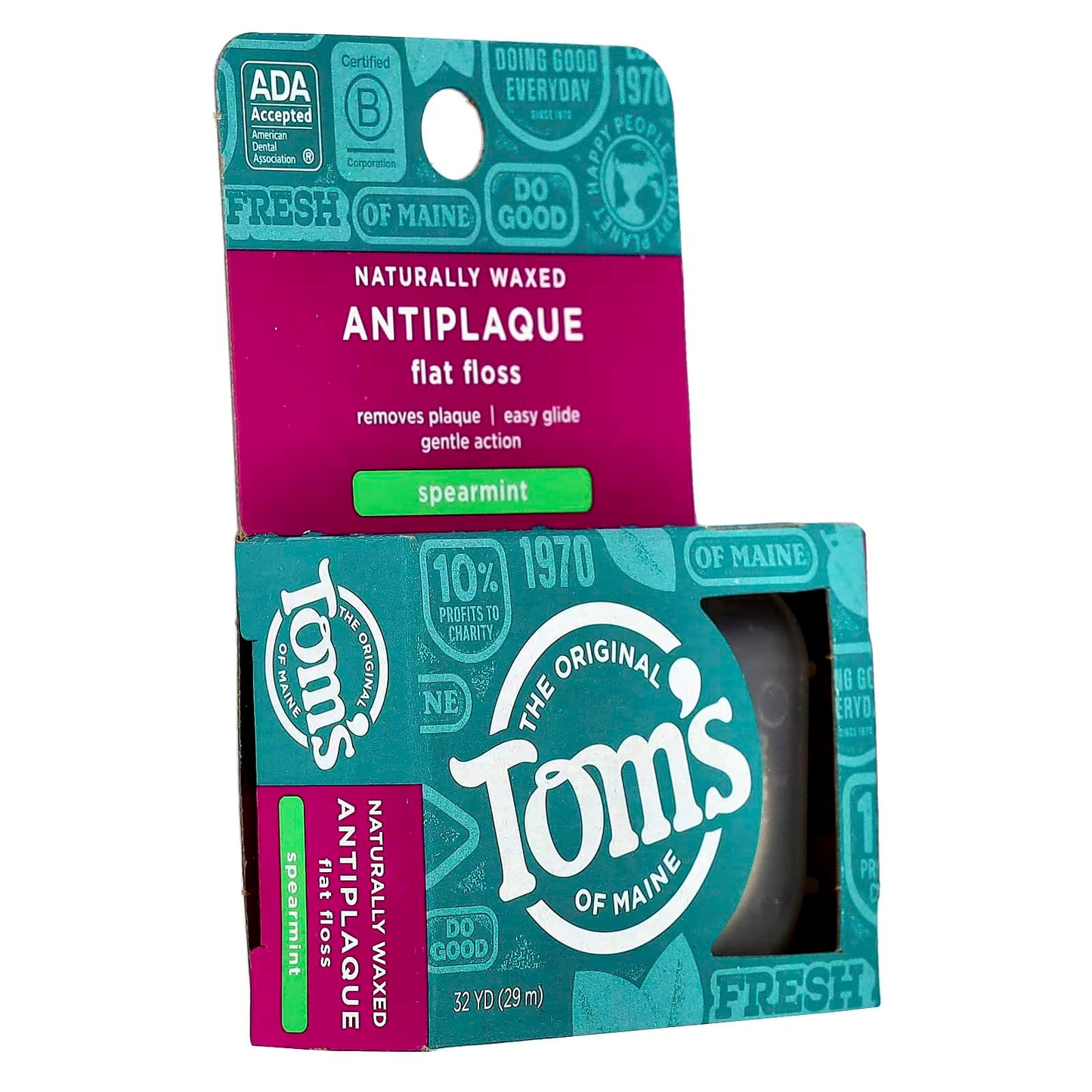 Tom's of Maine Natural Waxed Antiplaque Flat Floss – Spearmint, 32 Yards, Pack of 2 | ADA Accepted