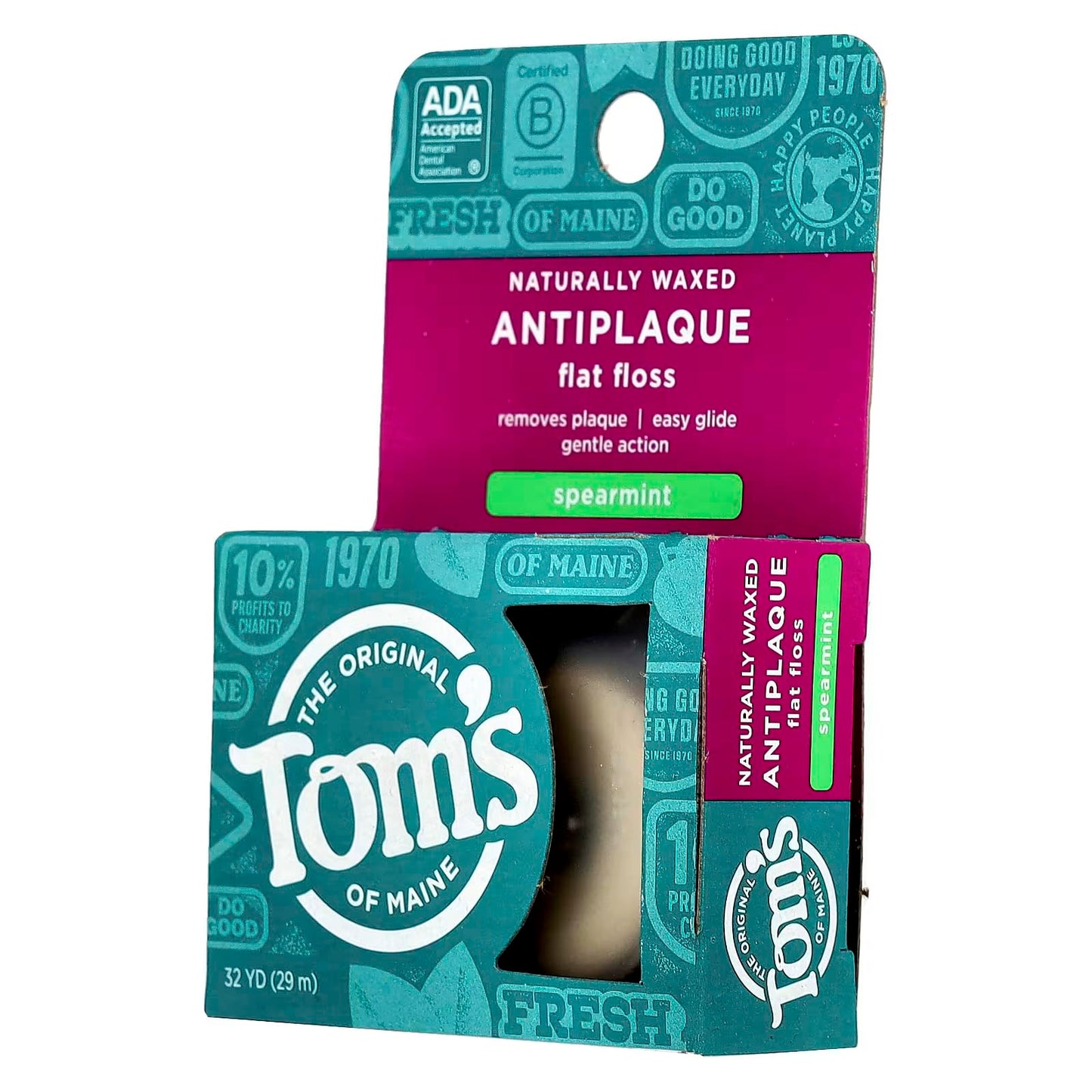 Tom's of Maine Natural Waxed Antiplaque Flat Floss – Spearmint, 32 Yards, Pack of 2 | ADA Accepted