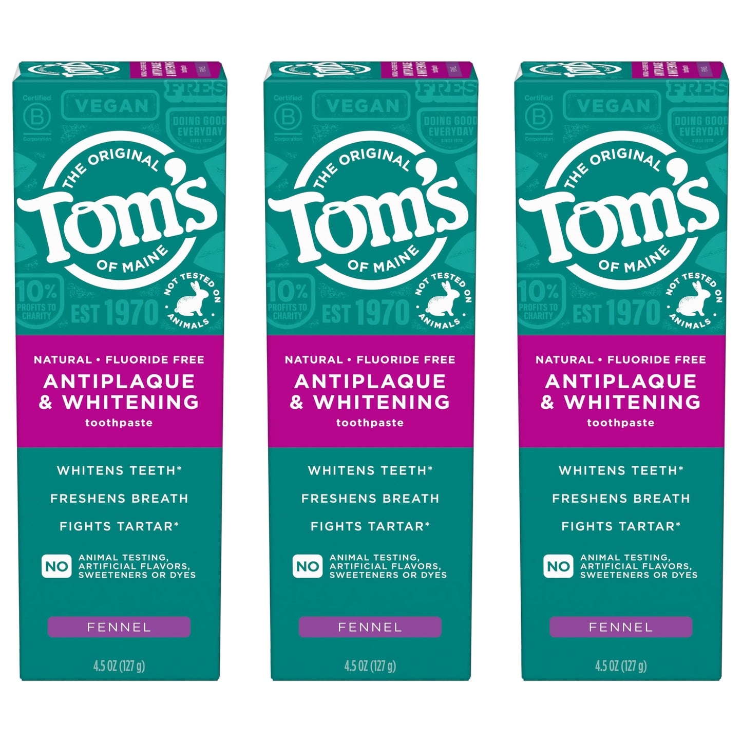 Tom’s of Maine Antiplaque and Whitening Fluoride Free Toothpaste - Fennel, 3 Pack, 4.5 oz
