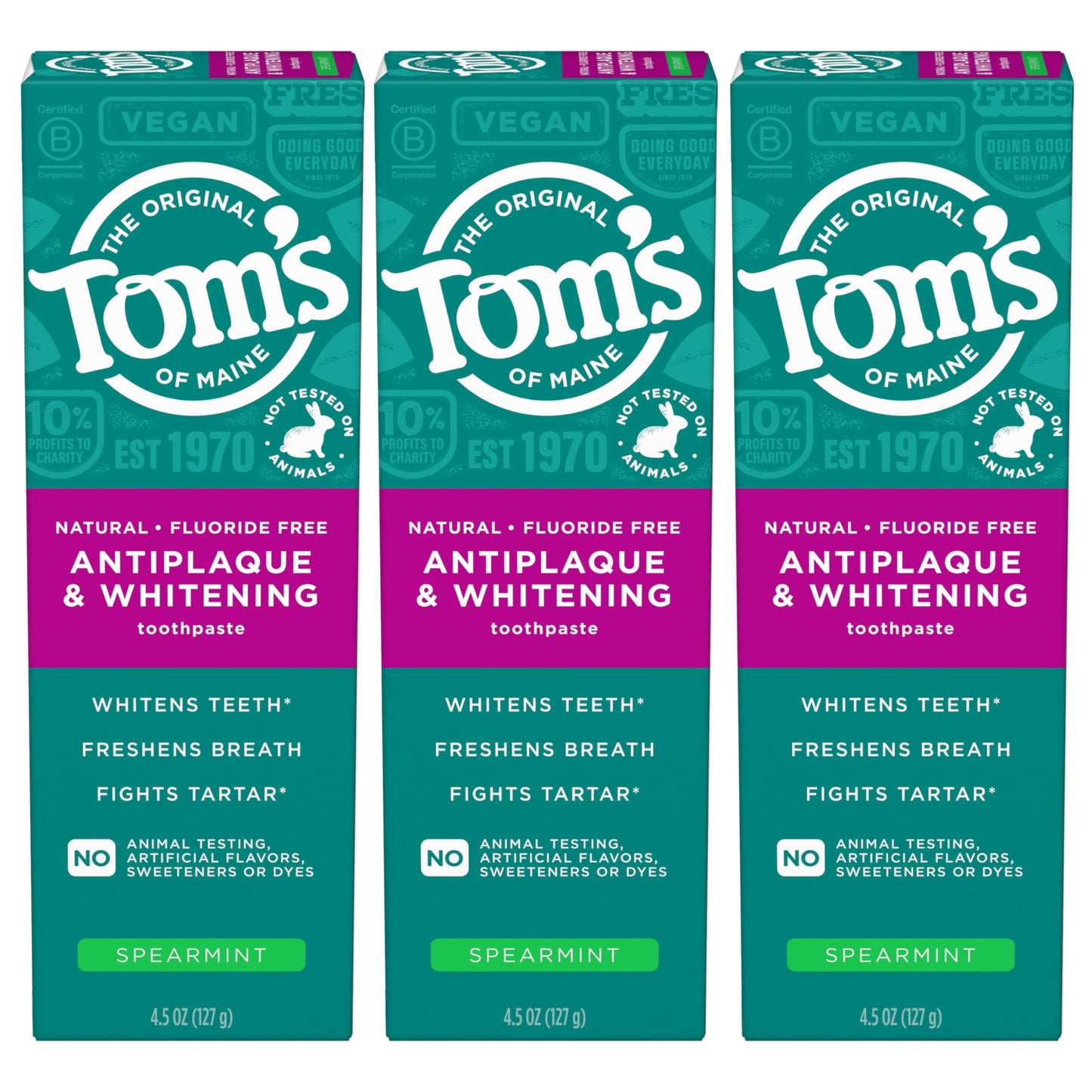 Tom’s of Maine Antiplaque & Whitening Fluoride Free Toothpaste Spearmint 3-Pack