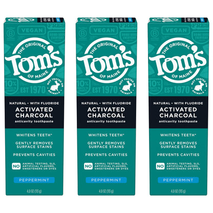 Tom’s of Maine Activated Charcoal Toothpaste with Fluoride – Peppermint, 3 Pack