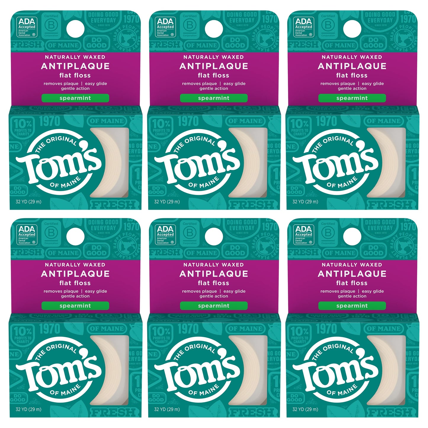 Tom's of Maine Waxed Antiplaque Floss, Spearmint – 32 Yards, 6-Pack (Packaging May Vary)