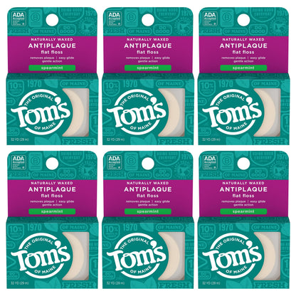 Tom's of Maine Waxed Antiplaque Floss, Spearmint – 32 Yards, 6-Pack (Packaging May Vary)