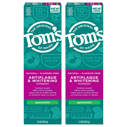 Tom's of Maine Fluoride-Free Antiplaque & Whitening Toothpaste – Spearmint, 5.5 oz (Pack of 2)