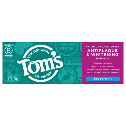 Tom's of Maine Fluoride-Free Antiplaque & Whitening Toothpaste – Travel Size Peppermint, 1 oz (12-Pack)