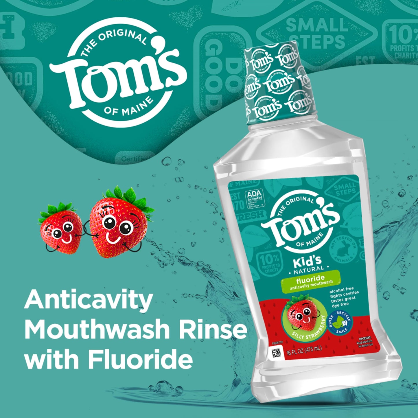 Tom's of Maine Children's Anticavity Fluoride Rinse Mouthwash – Silly Strawberry, 16 Fl Oz (Pack of 6) (Packaging May Vary)