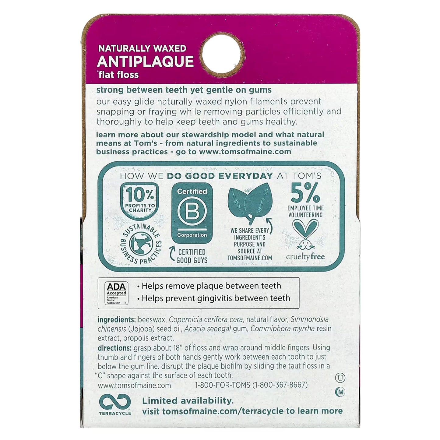 Tom's of Maine Natural Waxed Antiplaque Flat Floss – Spearmint, 32 Yards, Pack of 2 | ADA Accepted