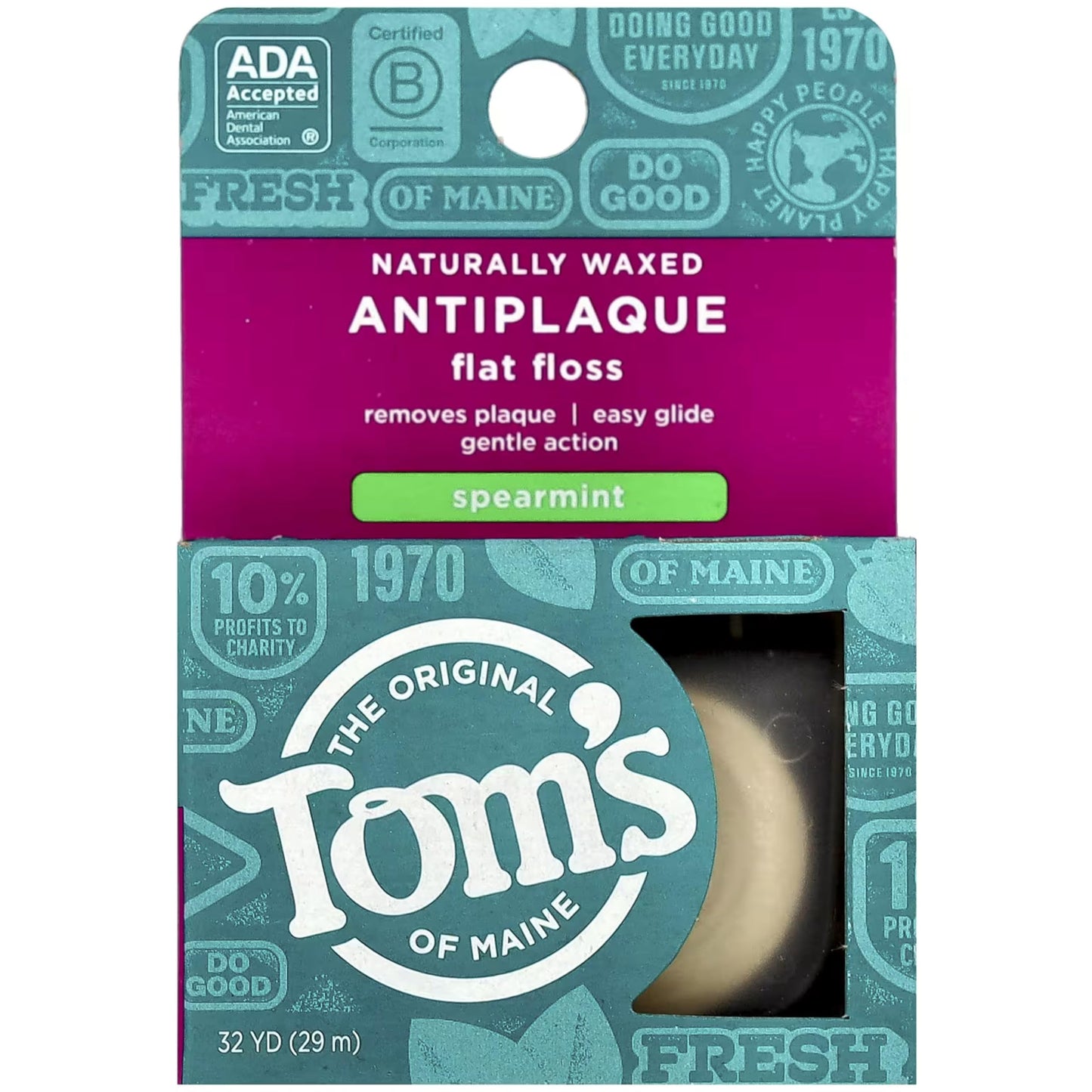 Tom's of Maine Natural Waxed Antiplaque Flat Floss – Spearmint, 32 Yards, Pack of 2 | ADA Accepted