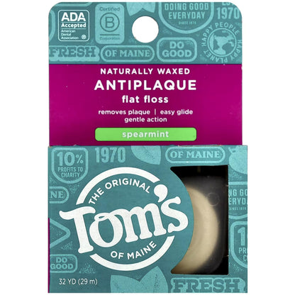 Tom's of Maine Natural Waxed Antiplaque Flat Floss – Spearmint, 32 Yards, Pack of 2 | ADA Accepted