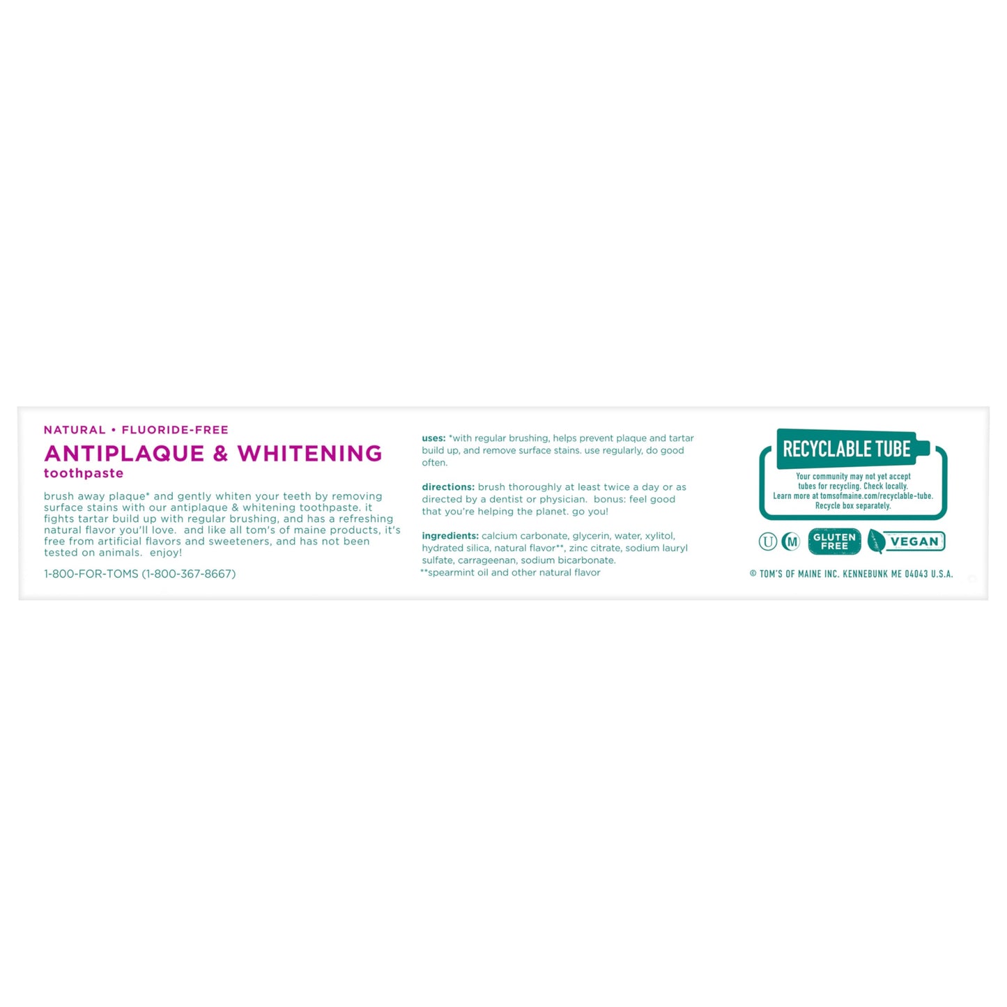 Tom's of Maine Fluoride-Free Antiplaque & Whitening Toothpaste – Spearmint, 5.5 oz (Pack of 2)