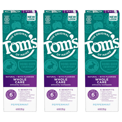 Tom's of Maine Whole Care Natural Fluoride Toothpaste – Peppermint, 4 oz, 3-Pack (Packaging May Vary)