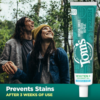 Tom’s of Maine Whiten Plus Coconut Oil Fluoride Free Toothpaste — Natural Whitening, Enamel Safe, Vegan, Gentle Mint, 4.0 Oz (Pack of 3)