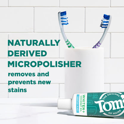 Tom’s of Maine Whiten Plus Coconut Oil Fluoride Free Toothpaste — Natural Whitening, Enamel Safe, Vegan, Gentle Mint, 4.0 Oz (Pack of 3)