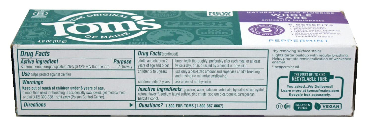 Tom's of Maine Whole Care Fluoride Gel Peppermint 4 oz Pack of 6