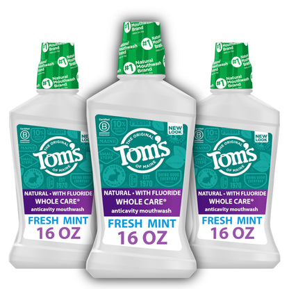 Tom's of Maine Whole Care Natural Mouthwash - Fresh Mint, 16 oz (Pack of 3)