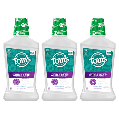 Tom's of Maine Whole Care Natural Mouthwash - Fresh Mint, 16 oz (Pack of 3)