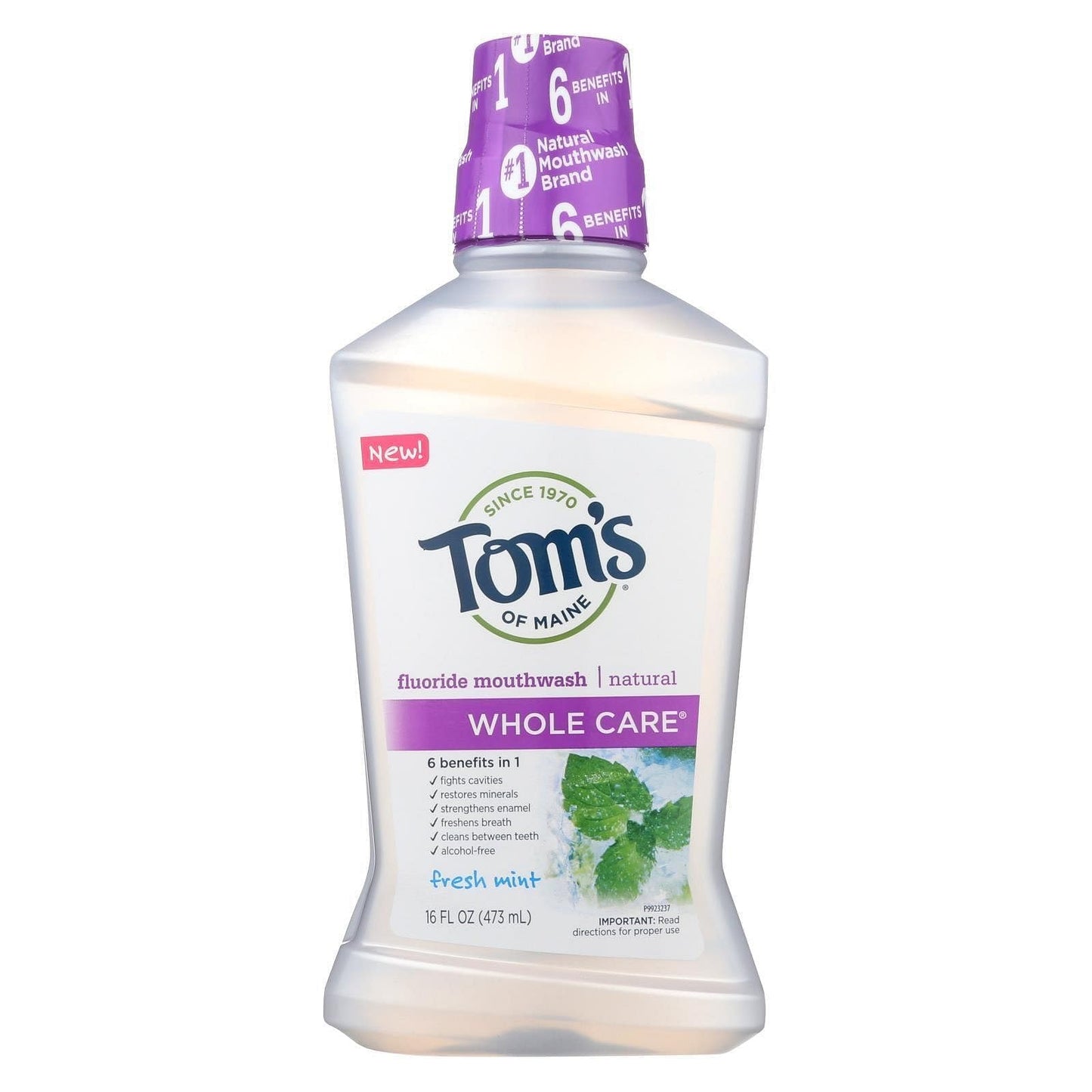 Tom's of Maine Whole Care Natural Fluoride Mouthwash – Fresh Mint, 16 oz, 6-Pack (Packaging May Vary)