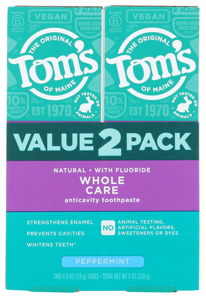 Tom's of Maine Whole Care Toothpaste with Fluoride – Peppermint, 4 oz 2-Pack
