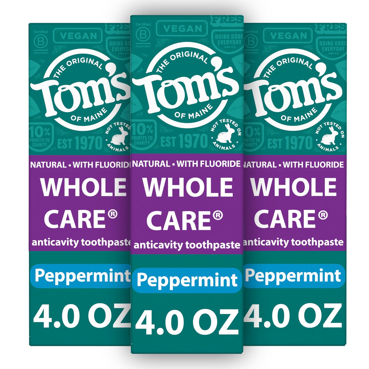 Tom's of Maine Whole Care Natural Fluoride Toothpaste – Peppermint, 4 oz, 3-Pack (Packaging May Vary)