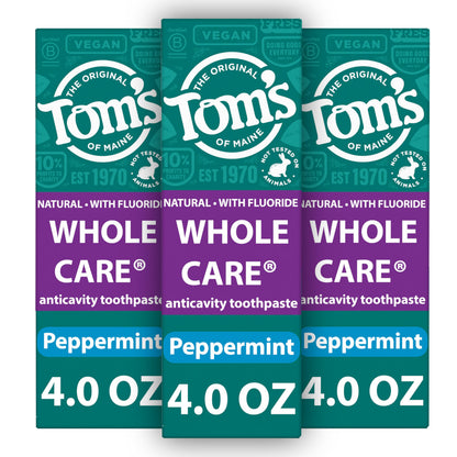 Tom's of Maine Whole Care Natural Fluoride Toothpaste – Peppermint, 4 oz, 3-Pack (Packaging May Vary)