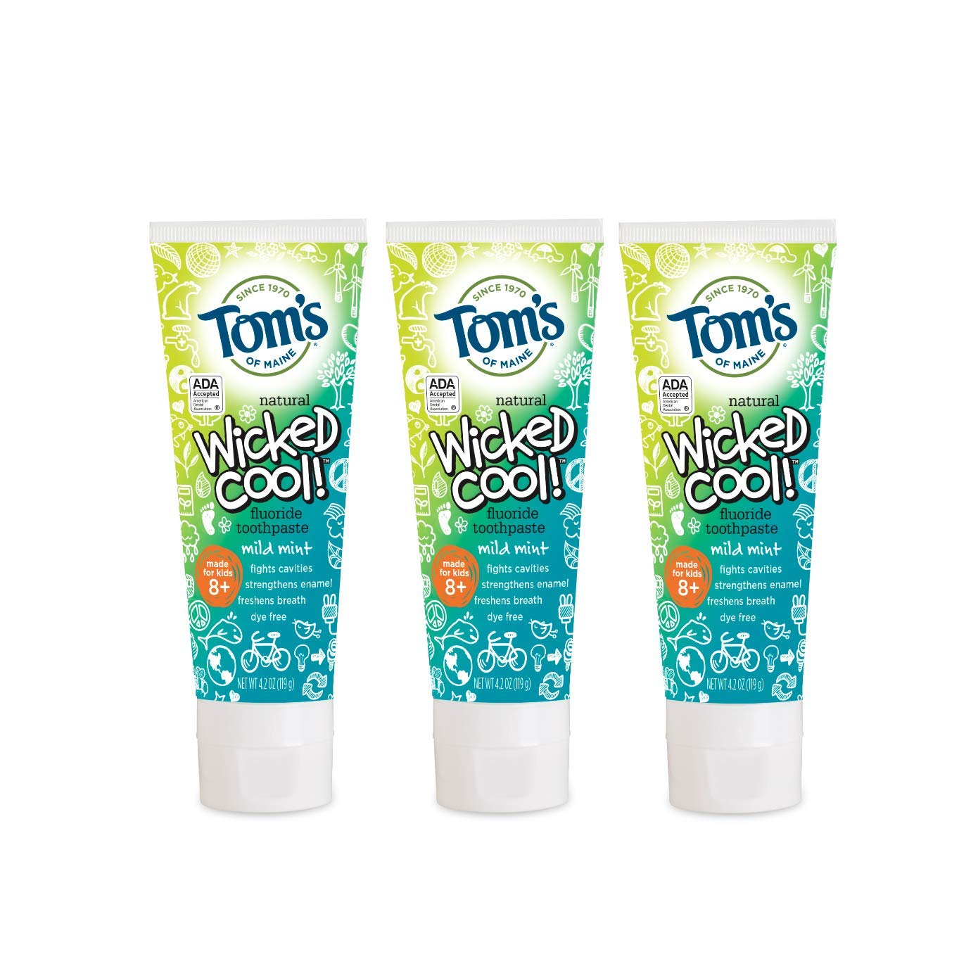Tom's of Maine Wicked Cool! Kids Fluoride Toothpaste - Mild Mint, 4.2 oz, 3-Pack - ADA Approved