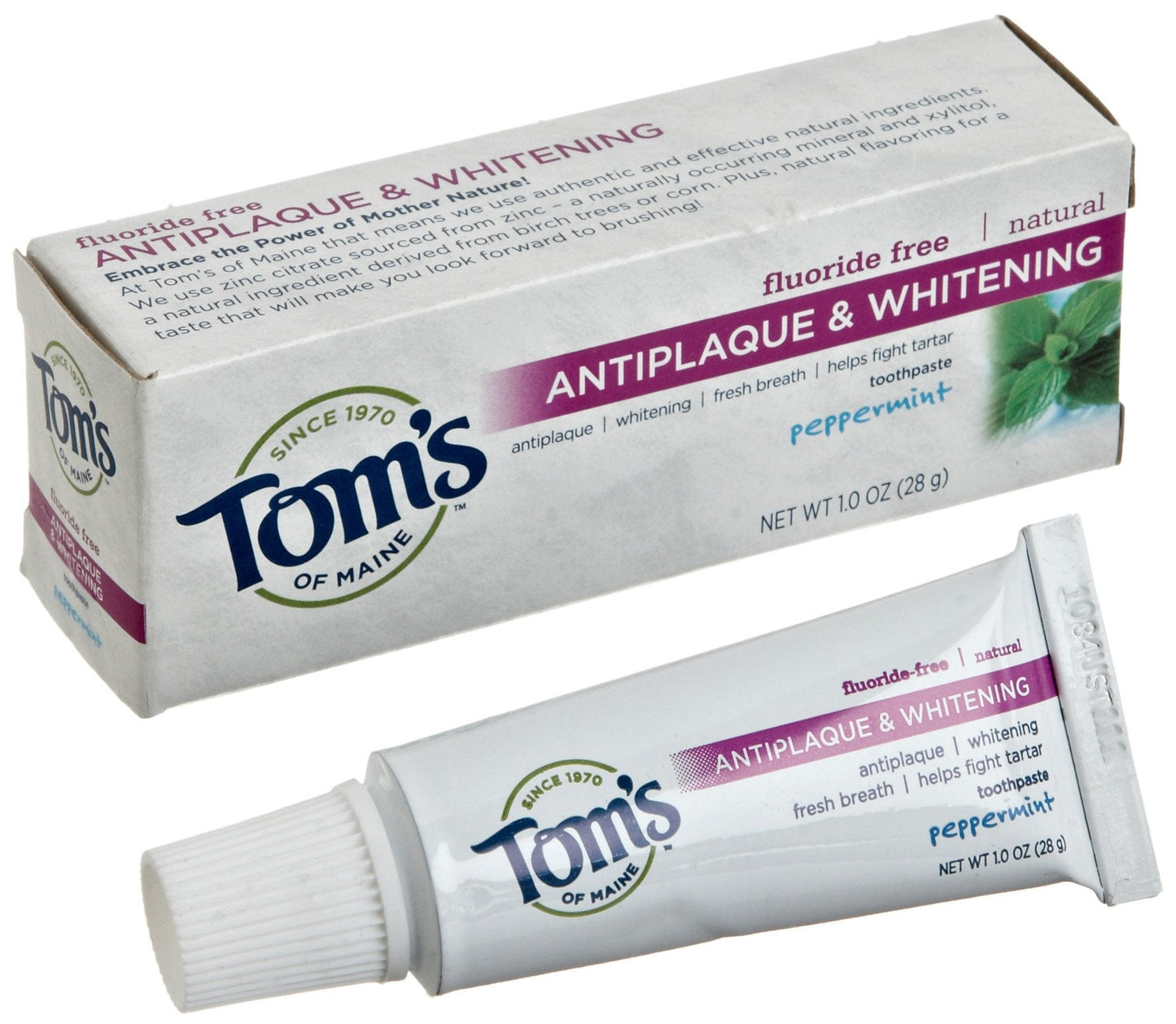 Tom's of Maine Fluoride Free Antiplaque & Whitening Toothpaste – Peppermint, 1 oz