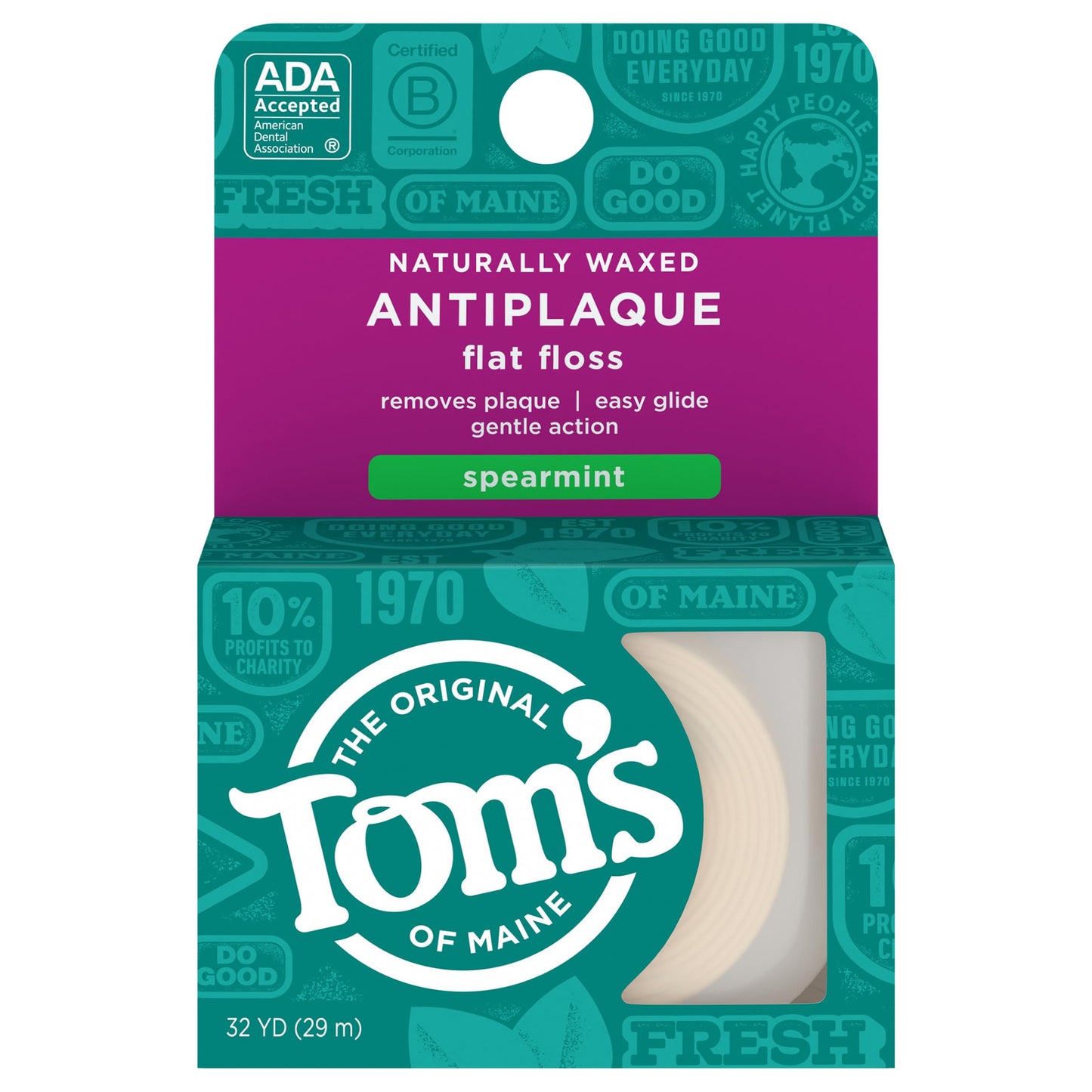 Tom's of Maine Floss Flat-Anti Plaque Spearmint 32 yd String - 4 Retail Package