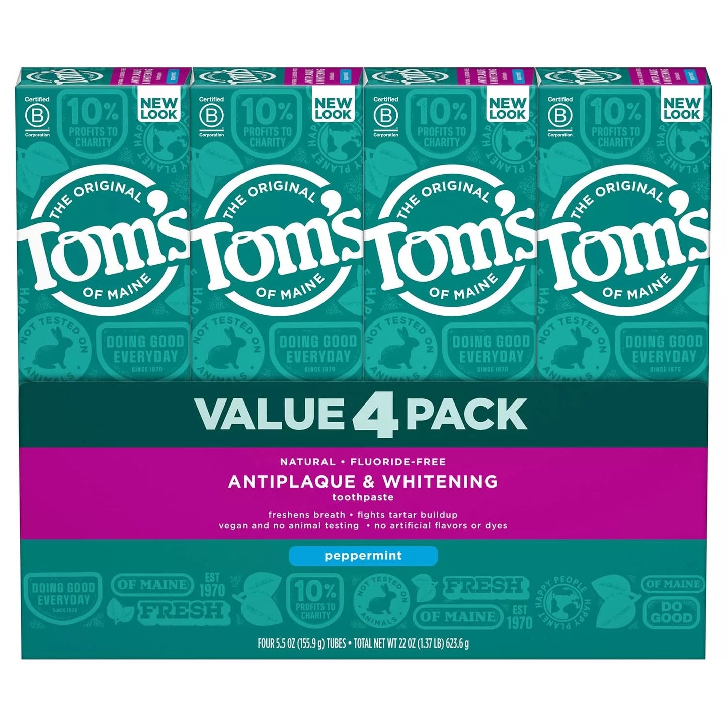 Tom's of Maine Fluoride-Free Antiplaque & Whitening Toothpaste – Peppermint, 5.5 oz, 4 pk