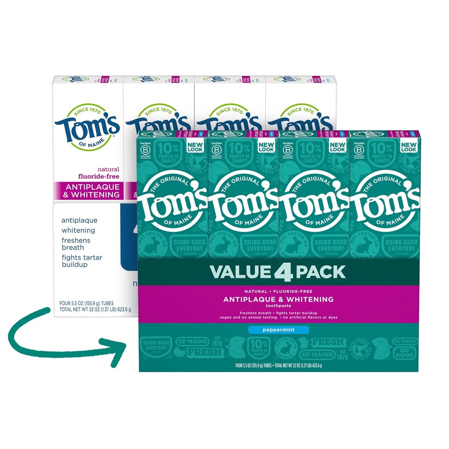 Tom's of Maine Fluoride-Free Antiplaque & Whitening Toothpaste – Peppermint, 5.5 oz, 4 pk
