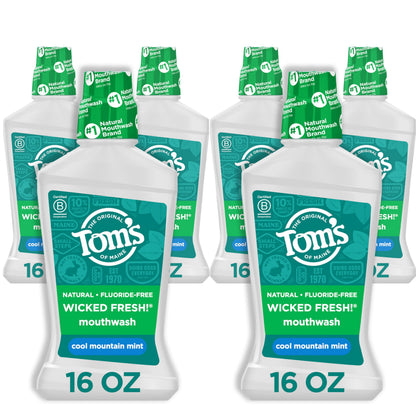 Tom's of Maine Wicked Fresh Natural Mouthwash – Alcohol-Free, Cool Mountain Mint, 16 oz (6-Pack) Packaging May Vary