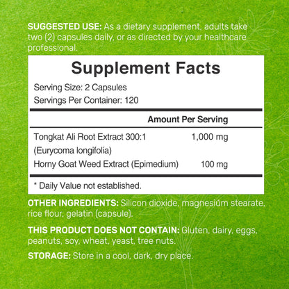 Tongkat Ali Extract 300:1 with Horny Goat Weed 1,100mg – Indonesian Longjack Eurycoma Longifolia Root – Extra Strength Herbal Supplement for Energy