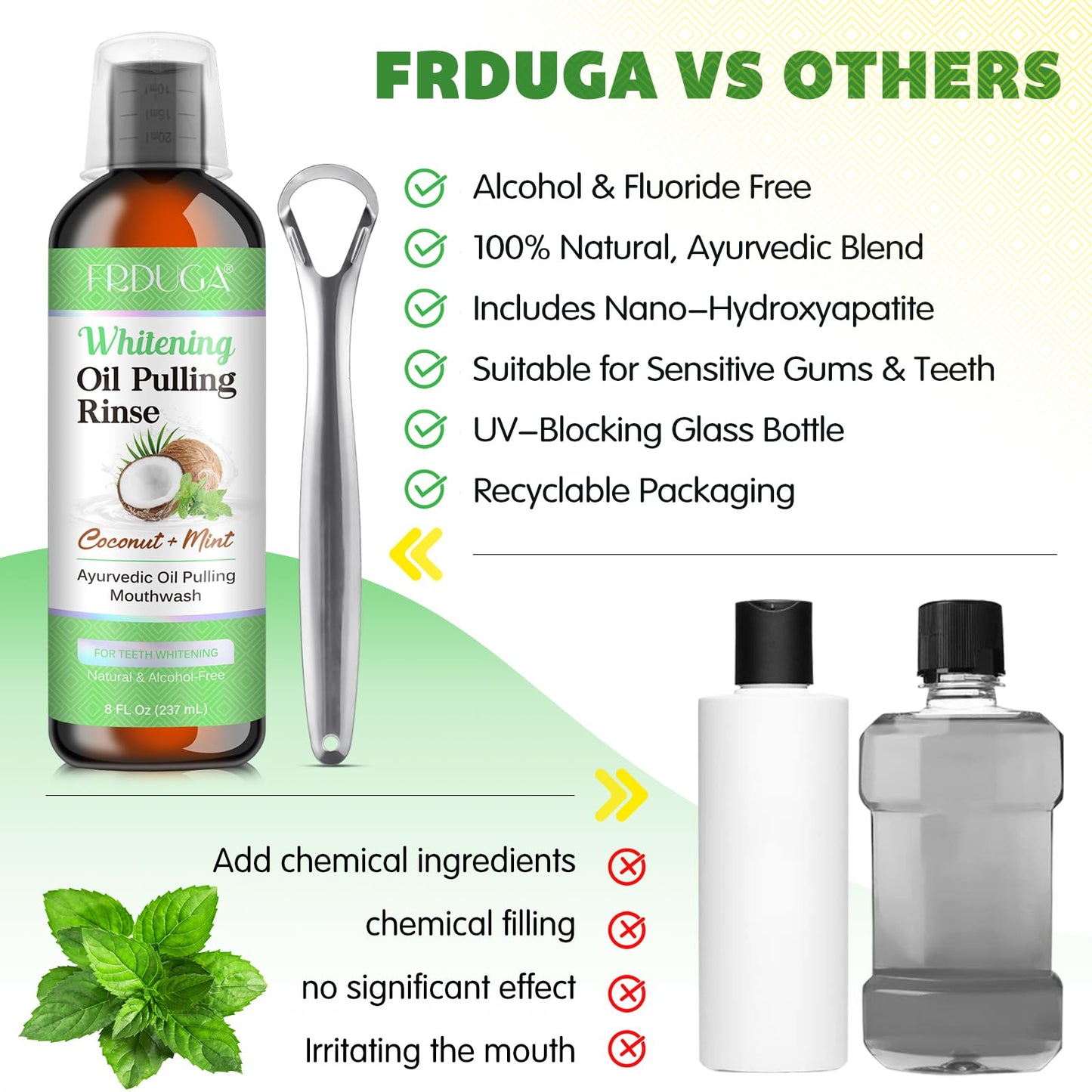Oil Pulling Mouthwash with Coconut & Peppermint Essential Oils - Alcohol-Free, Vitamins D & E | Fresh Breath, Teeth Whitening, Gum Health | Tongue Scraper (8 Fl Oz)
