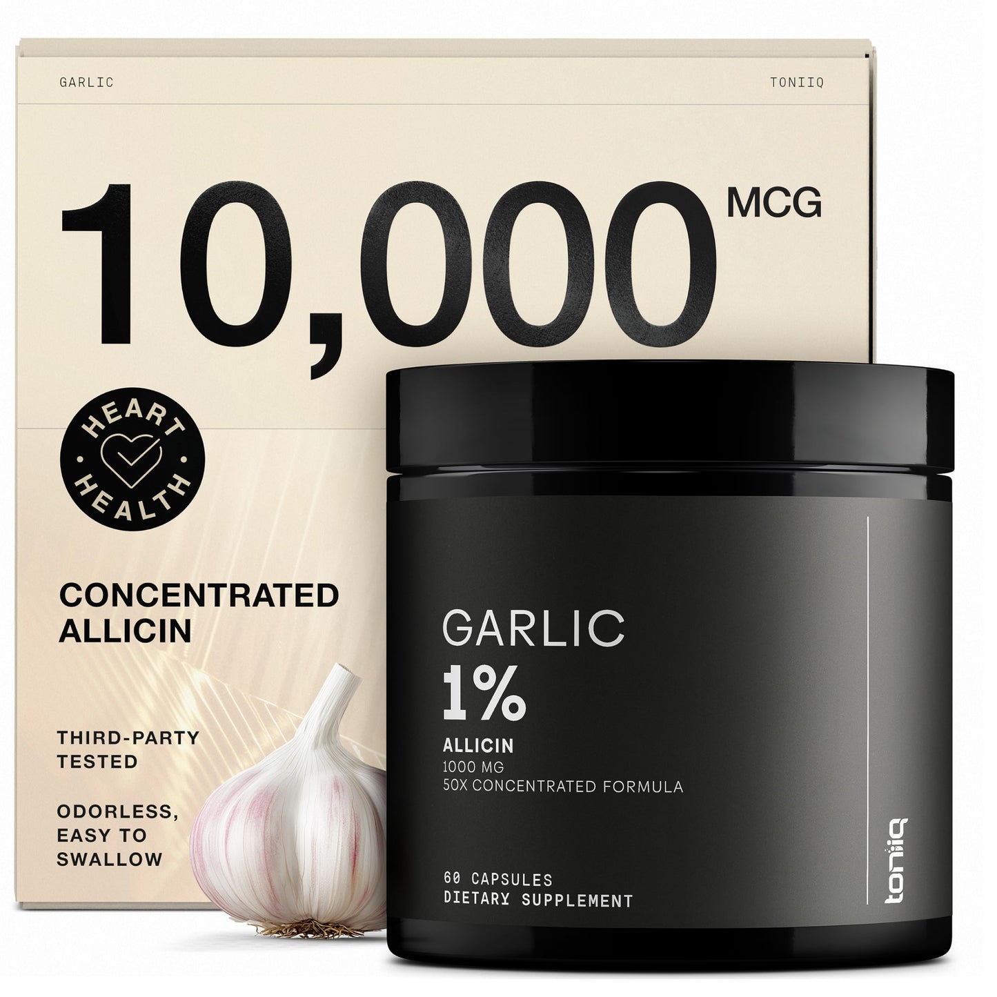 Toniiq Garlic Capsules with 10,000mcg Allicin - Odorless 50:1 Extract - 60 Vegetarian Capsules - Lab-Tested