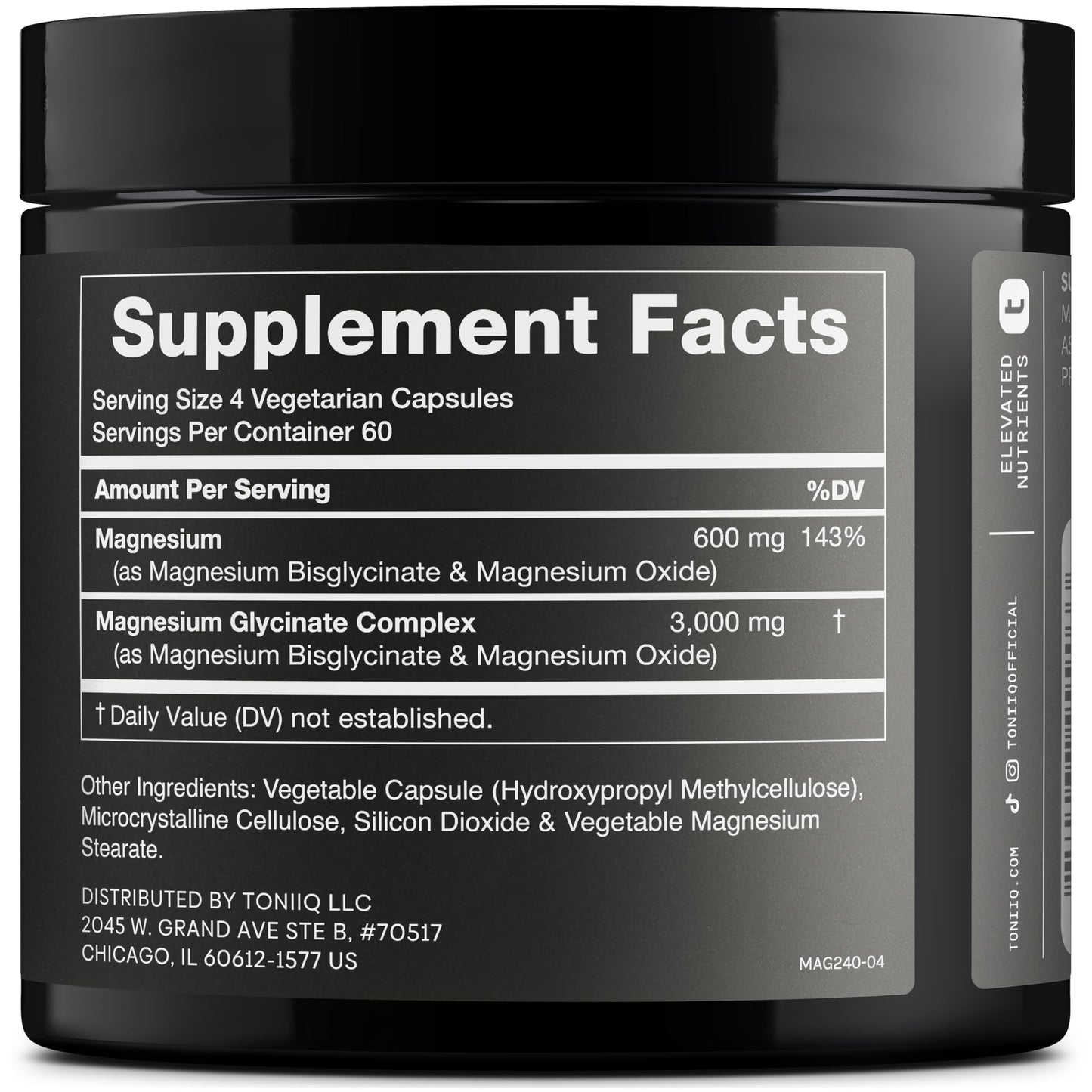 Toniiq Magnesium Glycinate 3,000mg – 600mg Elemental, Chelated, Bioavailable – 240 Veggie Capsules