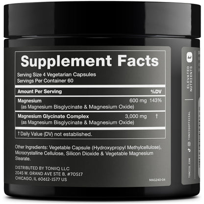 Toniiq Magnesium Glycinate 3,000mg – 600mg Elemental, Chelated, Bioavailable – 240 Veggie Capsules