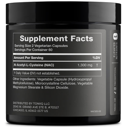 Toniiq 1300mg NAC – 120 Veg N-Acetyl Cysteine Capsules – 98% Purity, Lab Tested