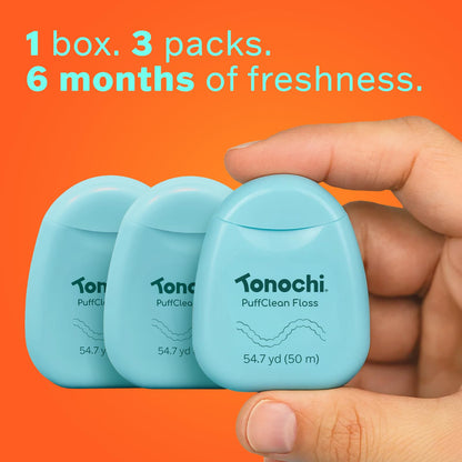Tonochi PuffClean Expanding Dental Floss — Beeswax Coating, Mint + Xylitol, 3-Pack (55 yd each)