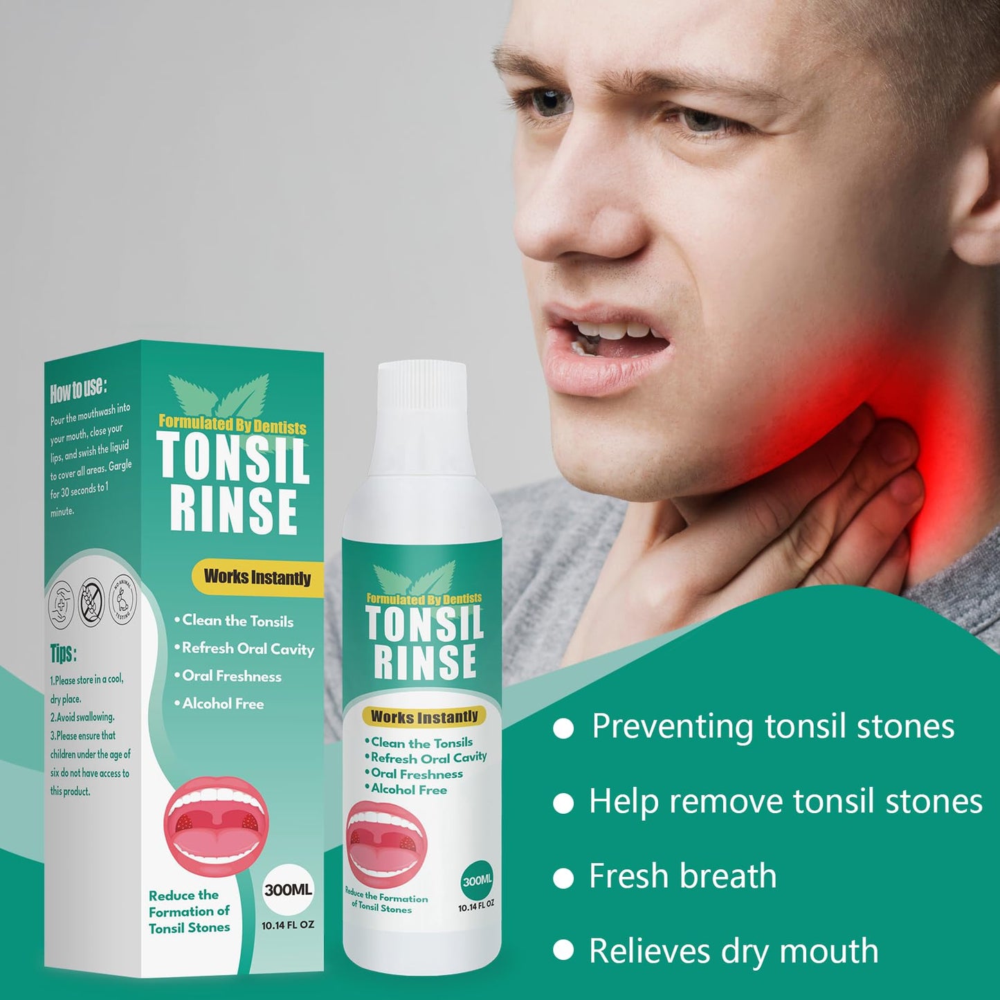 Tonsil Stone Remover with Alcohol-Free Oral Rinse – 300ml (10.14 fl oz) | Soothe Tonsils & Freshen Breath