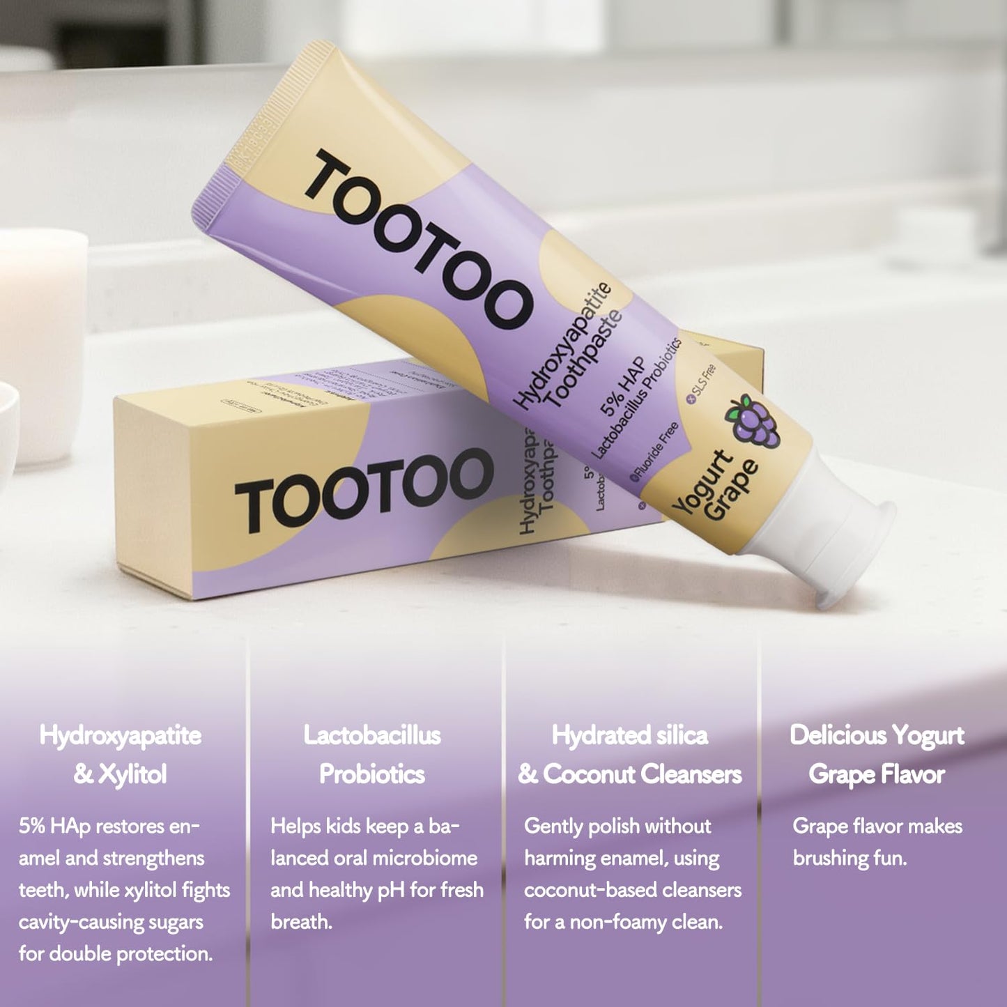 TooToo Fluoride Free Kids Toothpaste with Hydroxyapatite, Probiotics & Xylitol - Safe to Swallow, All Natural 4.2 oz
