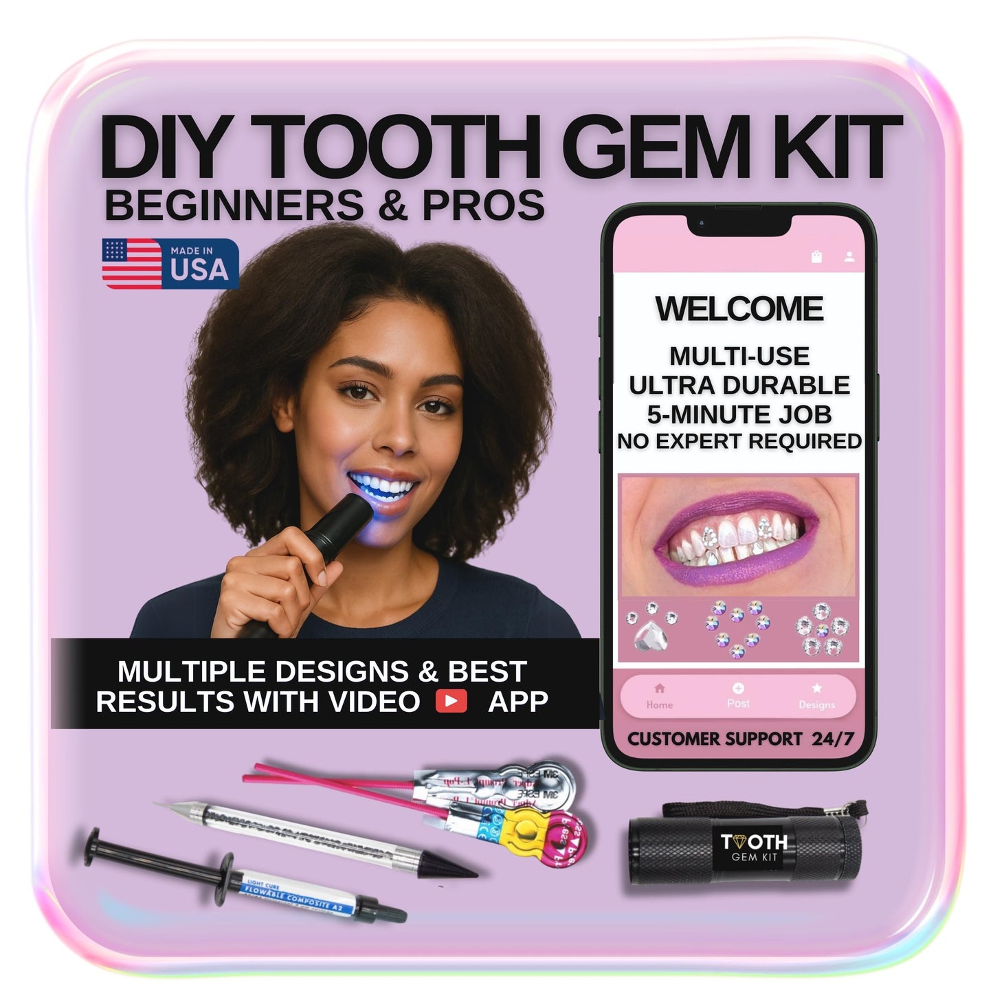 Tooth Gem Kit Pro for Beginners & Pros – 30+ Gems, Glue & UV Light, Made in USA
