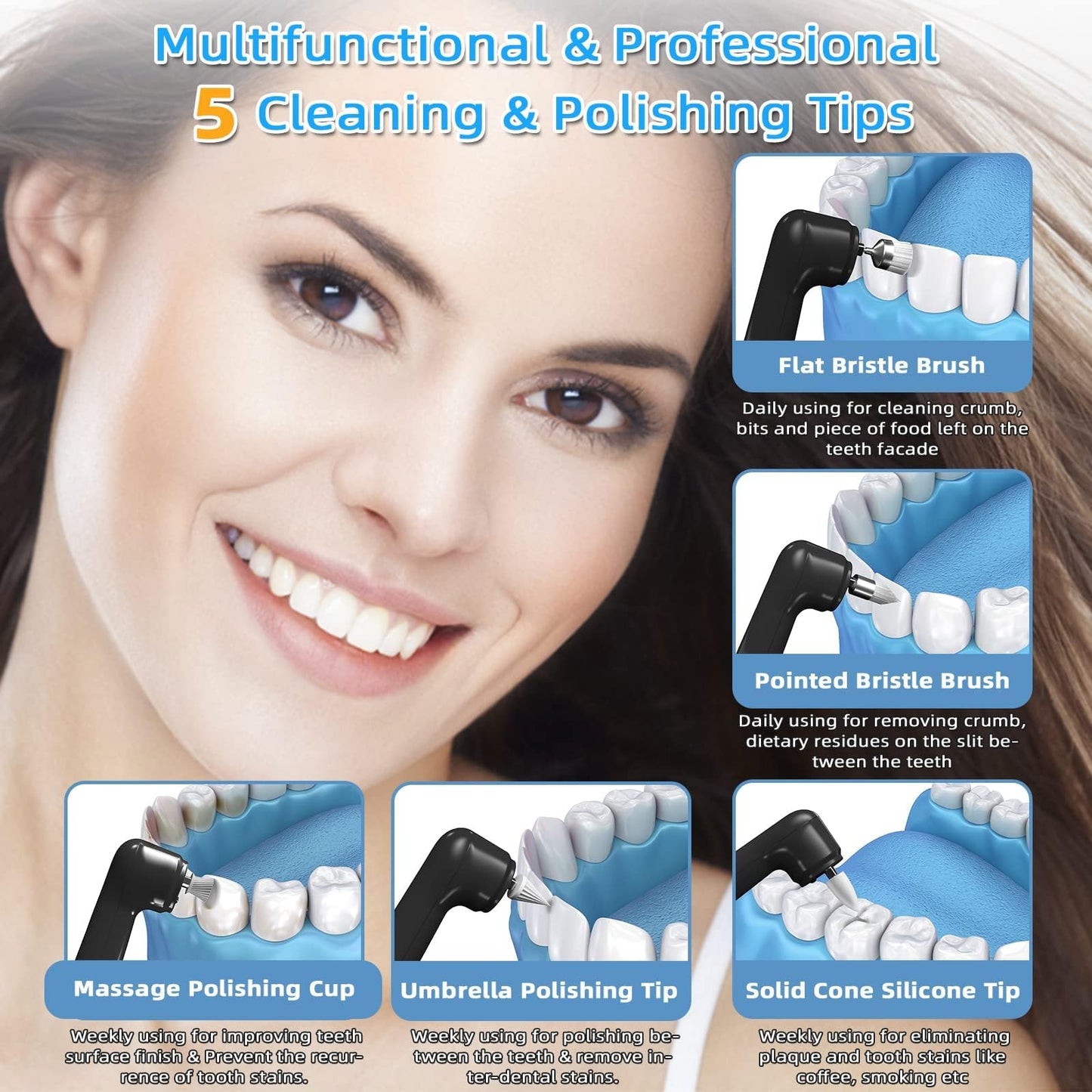 Tooth Polisher with LED Light - 5 Speed Modes, Teeth Cleaning Kit & 5 Replacement Brush Heads