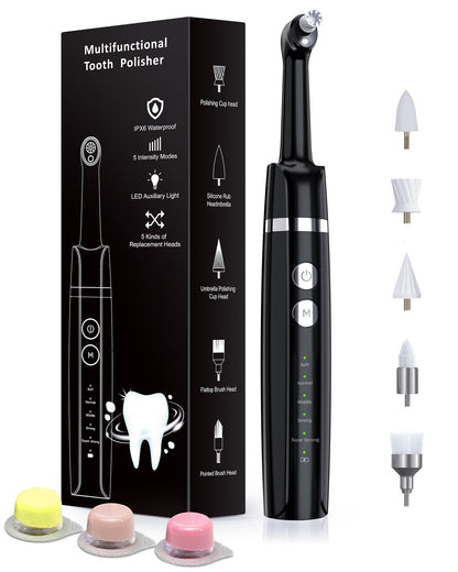Tooth Polisher Rechargeable Whitening Kit - 3 Pastes, 5 Heads, LED Light (Black)